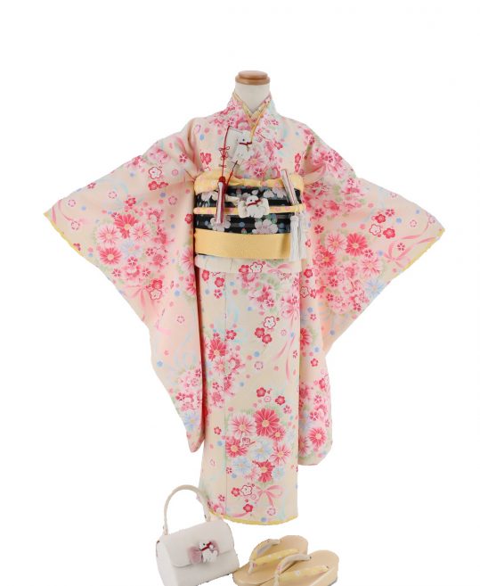 ポンポネット ブランド 7歳着物用.作り帯.ピンク地 桜柄.七五三.お正月 