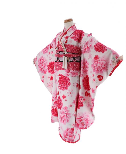 七五三 7歳 女の子用 四つ身[松田聖子]白地にピンクの花柄、お城と雪の 