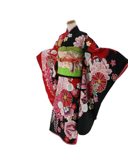 七五三 7歳 四つ身 No 264 O つるの剛士 赤色 黒色 鶴に花柄 着物レンタルのkanemata カネマタ
