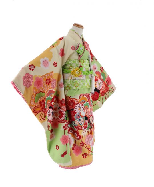 七五三 7歳 女の子用 四つ身[JAPAN STYLE]クリームに黄緑・花扇に鳥 
