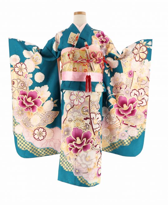 410ag17◎七五三 七歳 女児 着物&袋帯 籠花 有難がっ 金彩 緑