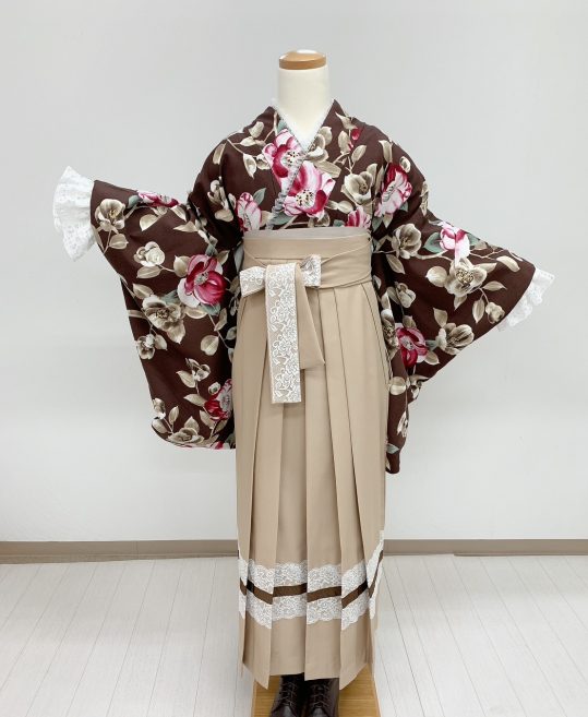 卒業式袴レンタル[レトロモダン]焦げ茶にベージュとローズピンクの椿No.815