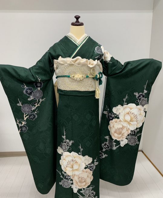 参列振袖[シンプル]深緑に大きな白の八重梅[身長177cmまで]No.1086