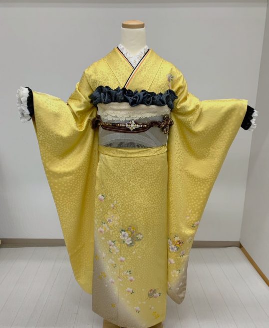 成人式振袖[シンプル]レモンイエロー×グレーグラデ・桜[身長164cmまで]No.620