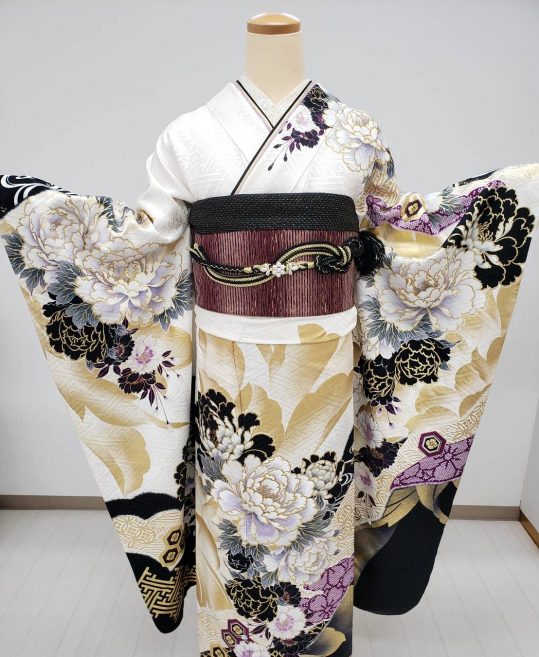 参列振袖[COOL BEAUTY]白×黒・金紫の牡丹に八重桜[身長168cmまで]No.948