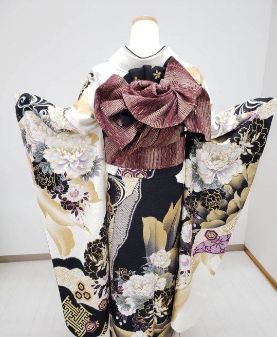 参列振袖[ROLA]花紺・大きな牡丹にカラフルな梅と蔓帯[身長163cmまで]No.949