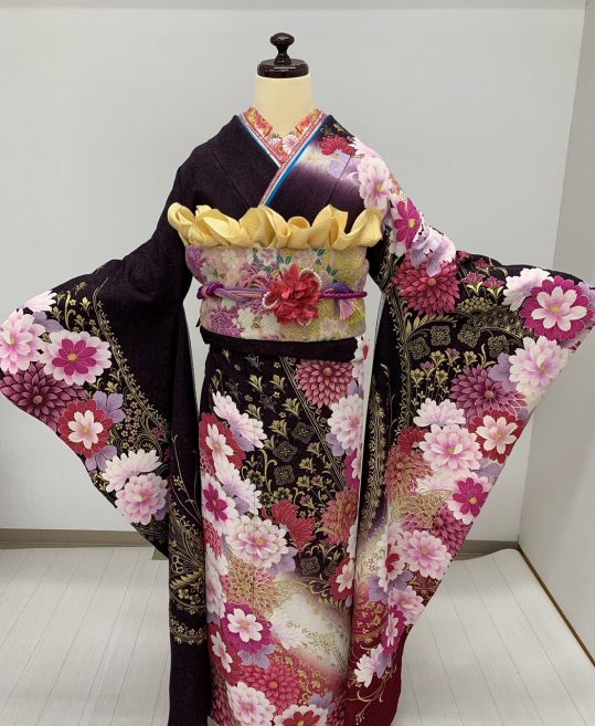 参列振袖【Lサイズ】[ゴージャス]紫にピンクの花[身長174cmまで]No.733