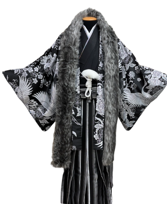 男性用袴単品レンタル(成人式・結婚式・卒業式)【4～5L】黒・銀ストライプ[170cm]No.665