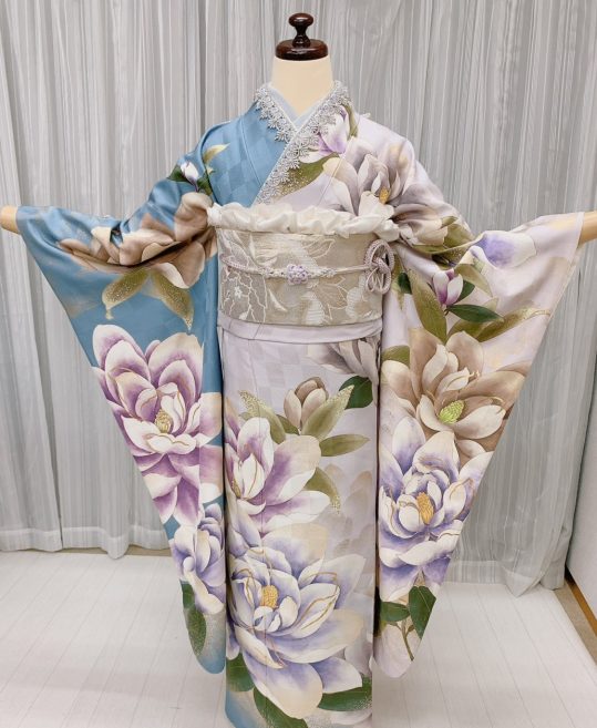 成人式振袖[片身替わり]藤色×ブルーグレーに大きな花柄[身長168cmまで]No.1091