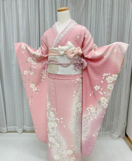 成人式振袖[シンプル]ピンクに白ぼかし・白桜[身長173cmまで]No.579