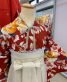 卒業式袴レンタル[レトロモダン]明るいエンジに白と山吹の椿No.813
