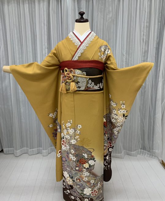 参列振袖[レトロシンプル][古典]カラシに花と扇[身長165cmまで]No.531