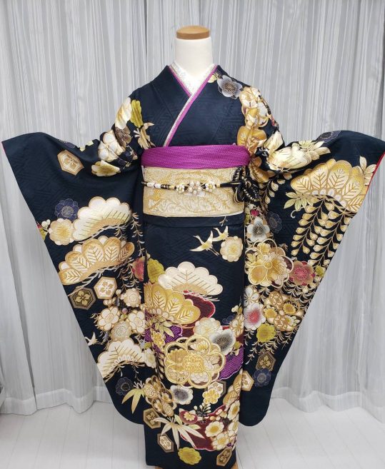 参列振袖[クール]黒に近い濃紺・金箔の松竹梅、藤の花[身長170cmまで]No.994