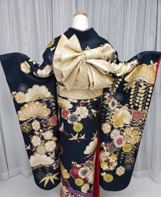 参列振袖[クール]黒に近い濃紺・金箔の松竹梅、藤の花[身長170cmまで]No.994