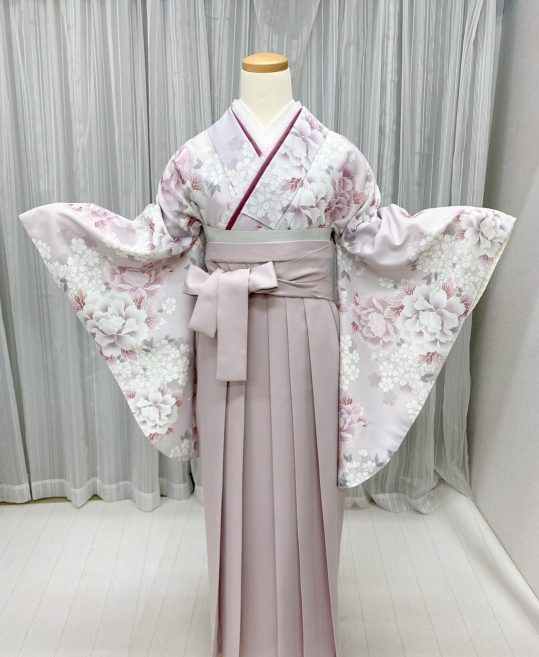 卒業式袴レンタル[くすみカラー][人気柄]グレーピンク、薄紫の牡丹No.824