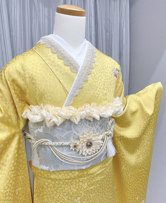 成人式振袖[シンプル]レモンイエロー×グレーグラデ・桜[身長164cmまで]No.620
