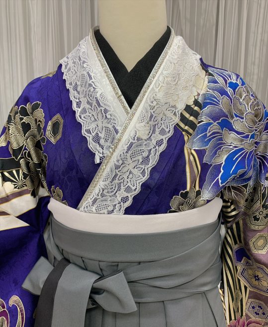卒業式振袖[今田美桜]濃い青に銀黒の大きな牡丹と乱菊[身長172cmまで]No.1051