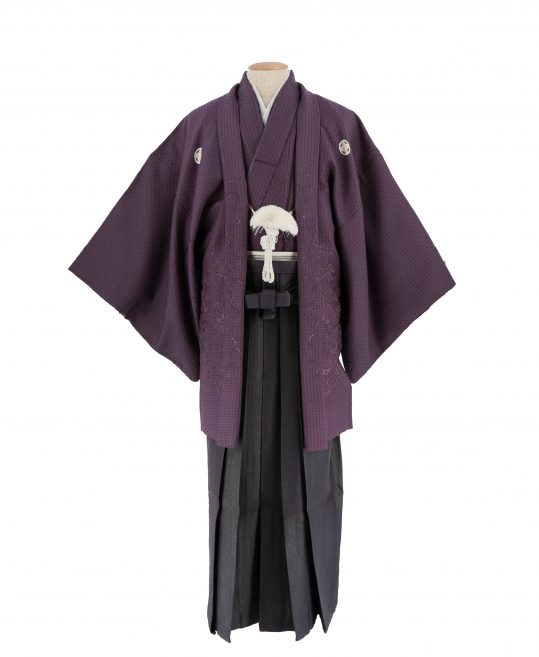 男性用袴単品レンタル(成人式・結婚式・卒業式)濃い紫のラメ地・唐草刺繡[身長175cm]No.123