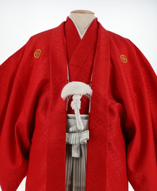 紋付袴レンタル・成人式・結婚式・卒業式|赤　大きな菱形模様[身長170-175cm対応]No.130