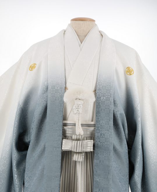 紋付袴レンタル・成人式・結婚式・卒業式|白に青灰ぼかし宝尽くしの市松[身長180cm]No.136