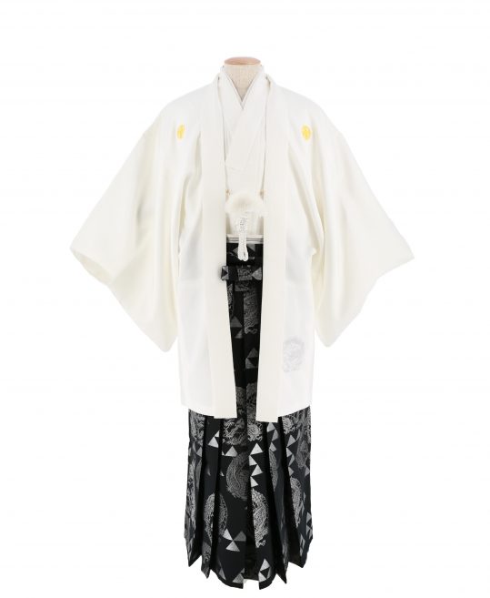 男性用袴単品レンタル(成人式・結婚式・卒業式)黒・銀の鱗文様と龍[身長155cm対応]No.607