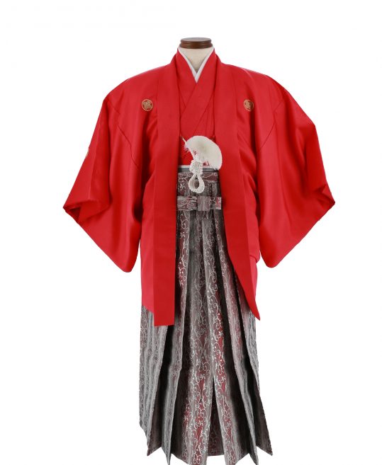 男性用袴単品レンタル(成人式・結婚式・卒業式)赤ストライプ・銀の唐草[身長170cm]No.156