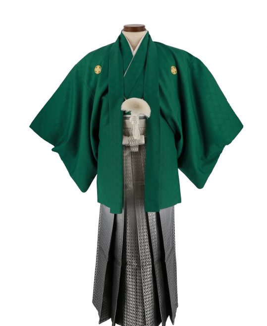 紋付袴No.261|緑色　向い鶴菱模様対応身長 / 165cm前後