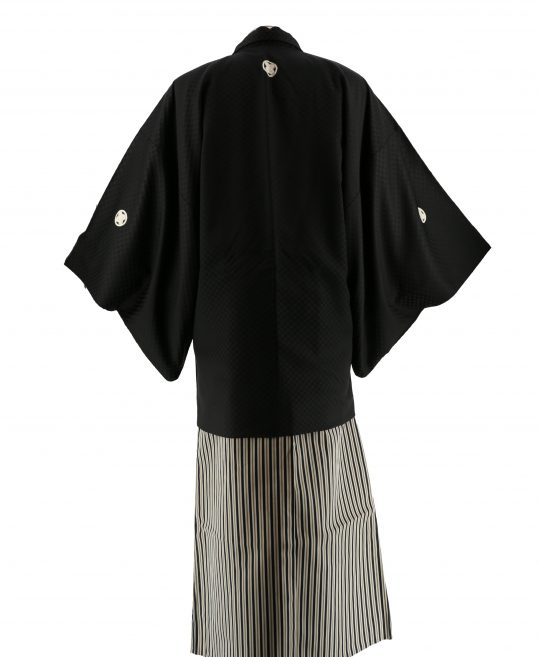 紋付袴レンタル・成人式・結婚式・卒業式【正絹】黒色　市松模様[身長175cm対応]No.95