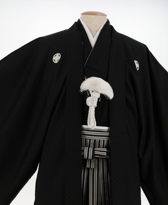 紋付袴レンタル・成人式・結婚式・卒業式【正絹】黒色　市松模様[身長175cm対応]No.95