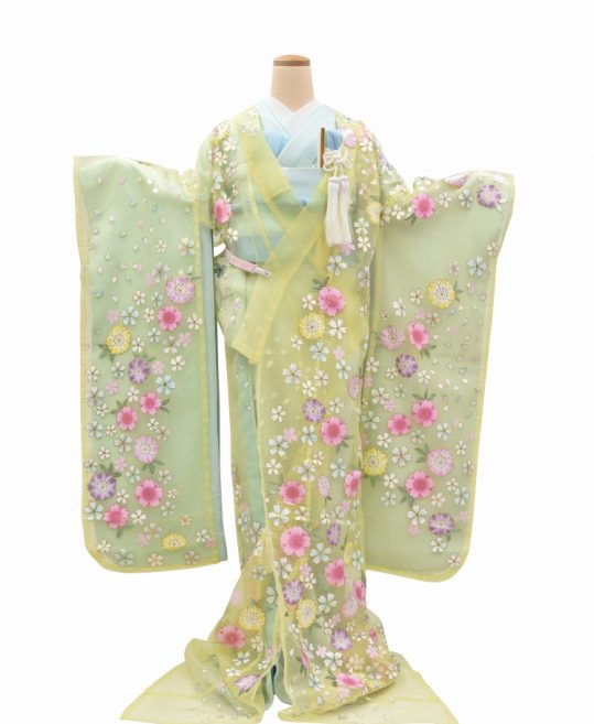 未着用 付け下げ 八重桜 桜 たたき染め ブルー系 着物 042w d 鬱陶しく