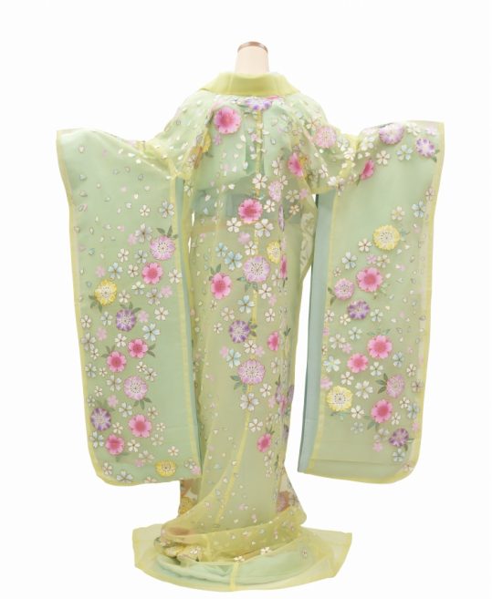 結婚式の色打掛・花嫁用着物|黄色のオーガンジー地に八重桜｜着物  