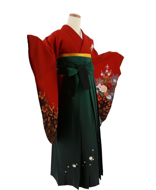 着物＋袴＋半幅帯】華やかな赤の着物にツートングラデの袴