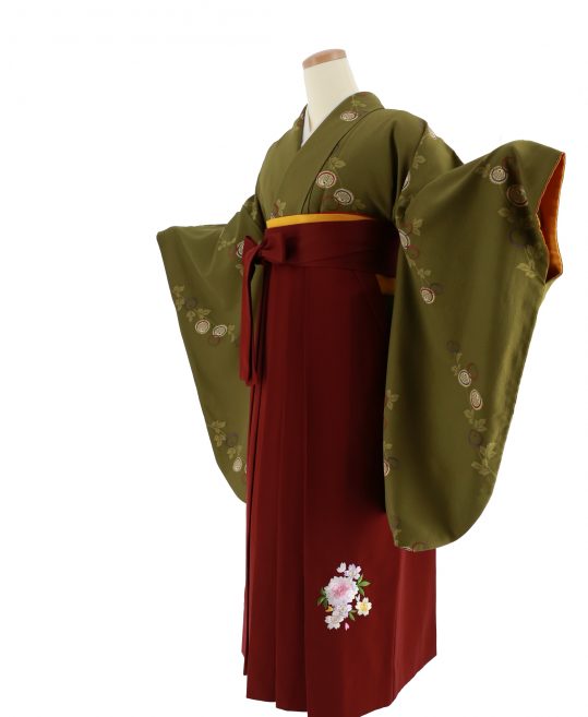 卒業式袴レンタルno 467 古典柄 渋めの抹茶 斜めに菊 着物レンタルのkanemata カネマタ