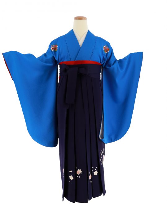 卒業式袴レンタルno 473 シンプル 青 花紋刺繍 着物レンタルのkanemata カネマタ