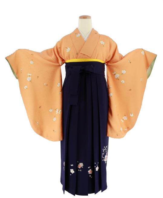 卒業式袴レンタルno 522 シンプル オレンジ 白桜 着物レンタルのkanemata カネマタ