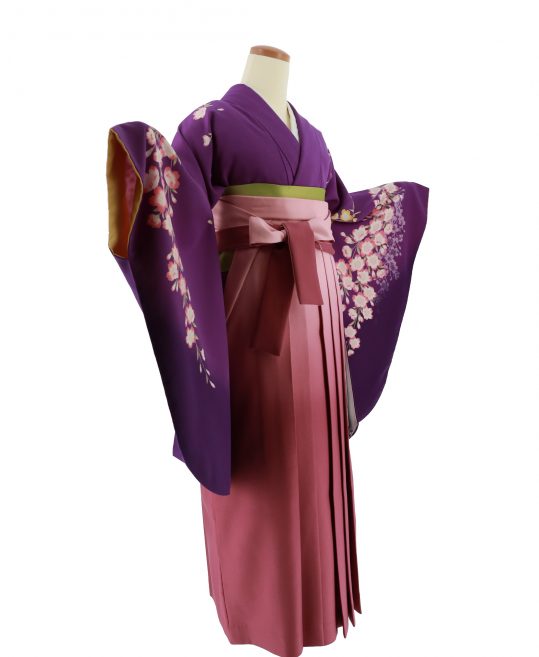 卒業式袴レンタルno 568 大人かわいい 濃紫 黄色ピンク桜 着物レンタルのkanemata カネマタ