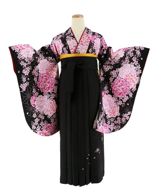 卒業式袴レンタルNo.597[4Lサイズ][新古典]黒・ピンク紫の牡丹桜｜着物  