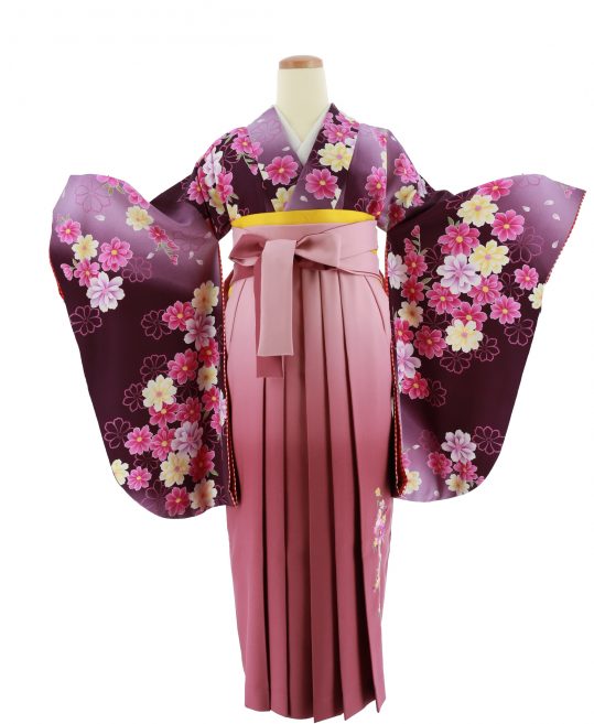 卒業式袴レンタルno 623 ガーリー 紫グラデ 赤紫白マーガレット 着物レンタルのkanemata カネマタ