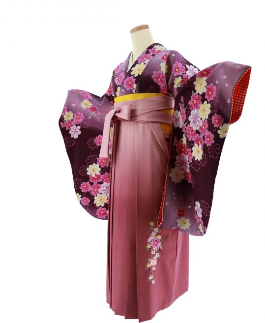 卒業式袴レンタルno 623 ガーリー 紫グラデ 赤紫白マーガレット 着物レンタルのkanemata カネマタ