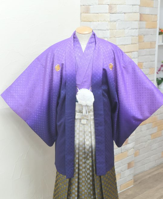 男性用袴単品レンタル(成人式・結婚式・卒業式)白黒ぼかし・金銀の市松[身長175cm]No.639