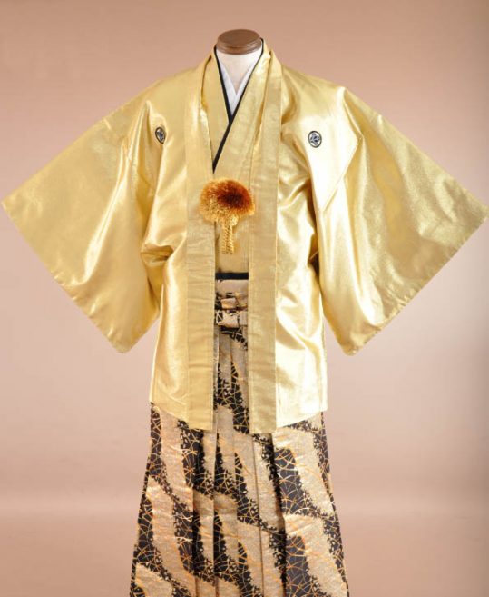 男性用袴単品レンタル(成人式・結婚式・卒業式)黒・金の桜と露草[身長160cm対応]No.616